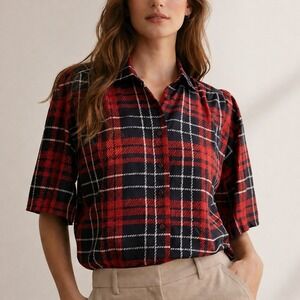 Diane Von Furstenberg Vintage 80s Red Plaid Button Front Blouse SZ Medium Preppy